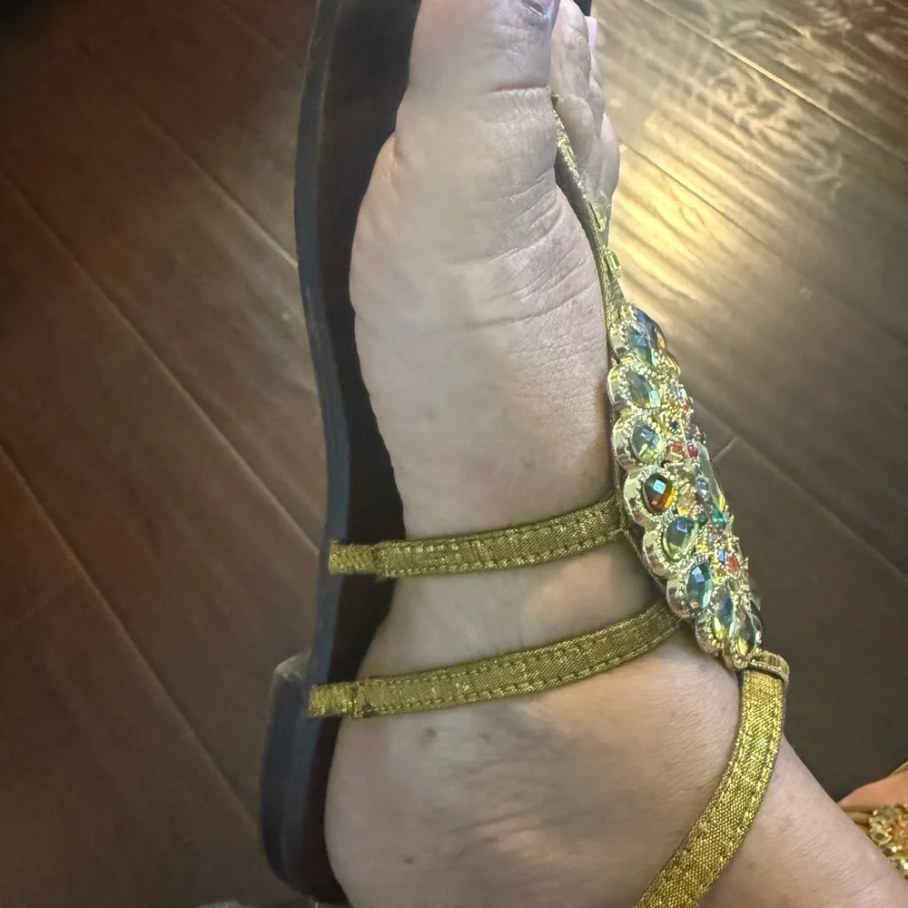 Embellished Gold T-Strap Women's Sandals